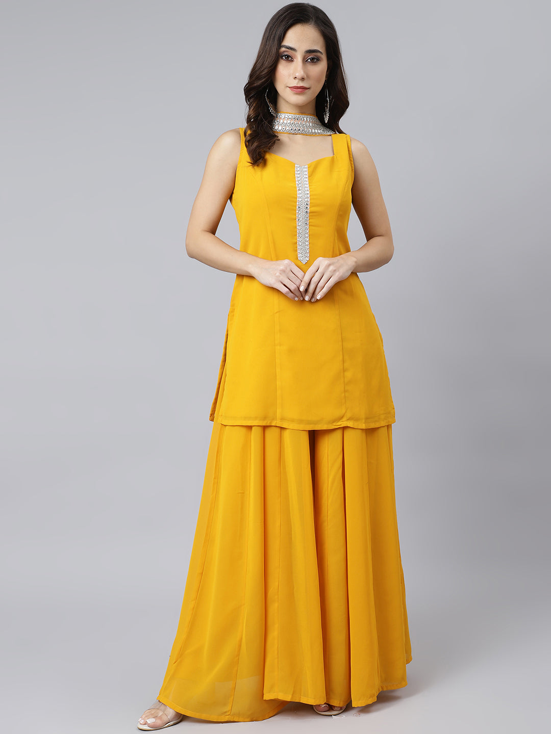 Janasya Women's Mustard Georgette Solid Kurta With Kali Palazzo And Dupatta | Swadesiicart