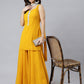 Janasya Women's Mustard Georgette Solid Kurta With Kali Palazzo And Dupatta | Swadesiicart