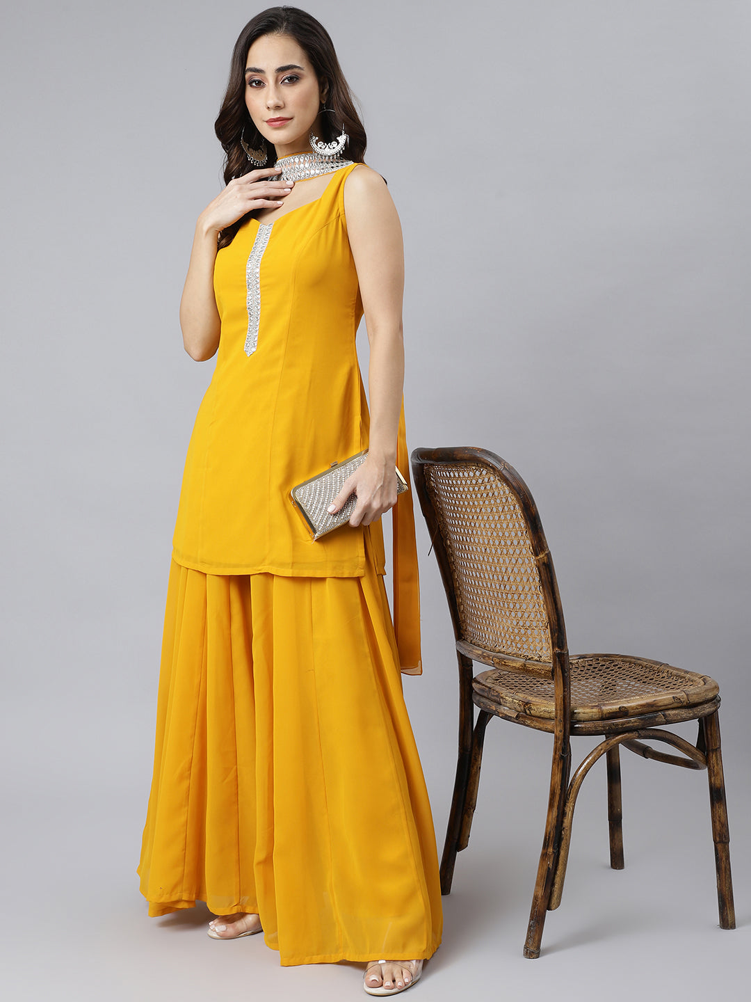 Janasya Women's Mustard Georgette Solid Kurta With Kali Palazzo And Dupatta | Swadesiicart
