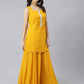 Janasya Women's Mustard Georgette Solid Kurta With Kali Palazzo And Dupatta | Swadesiicart