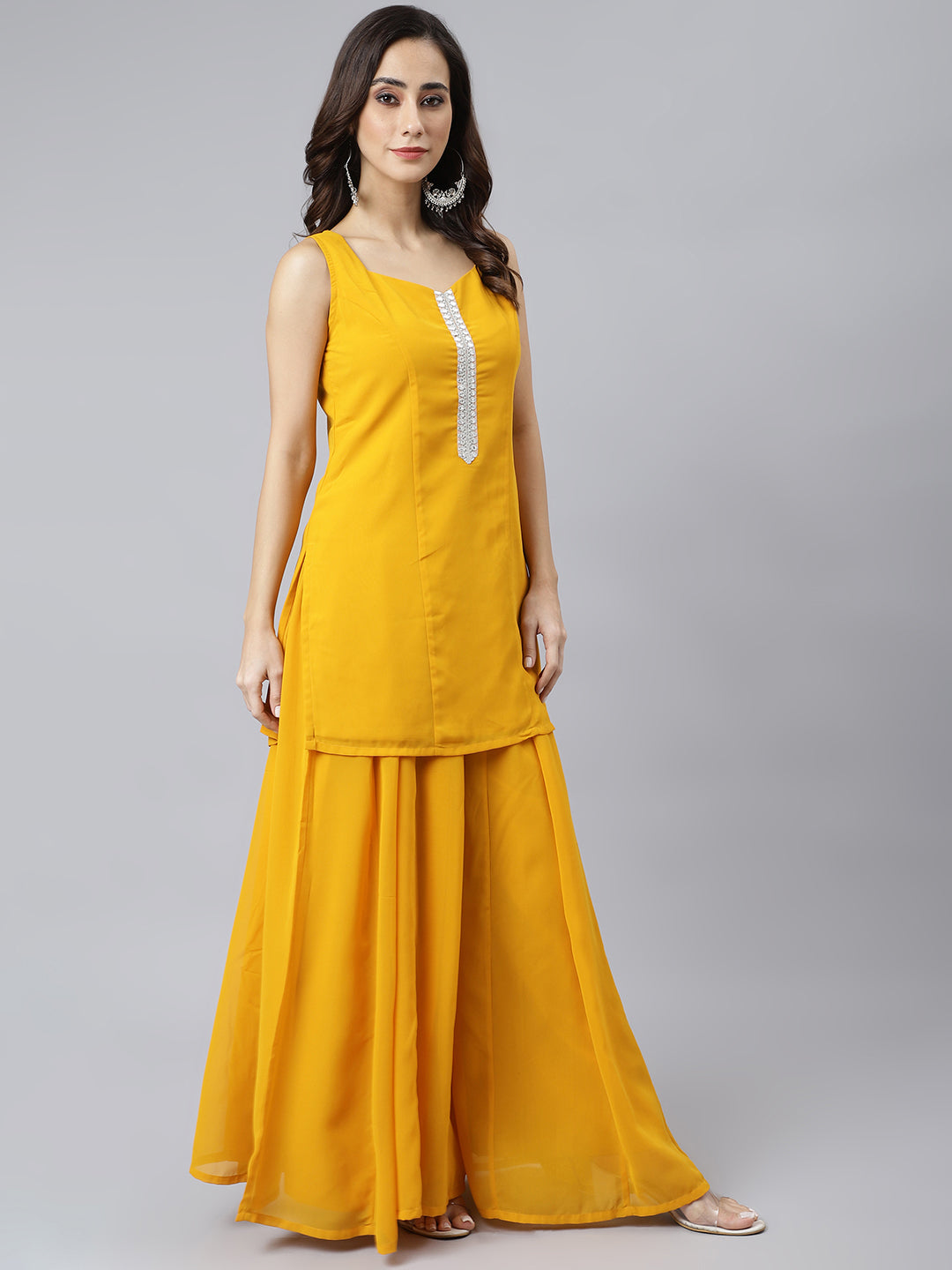 Janasya Women's Mustard Georgette Solid Kurta With Kali Palazzo And Dupatta | Swadesiicart