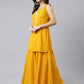 Janasya Women's Mustard Georgette Solid Kurta With Kali Palazzo And Dupatta | Swadesiicart