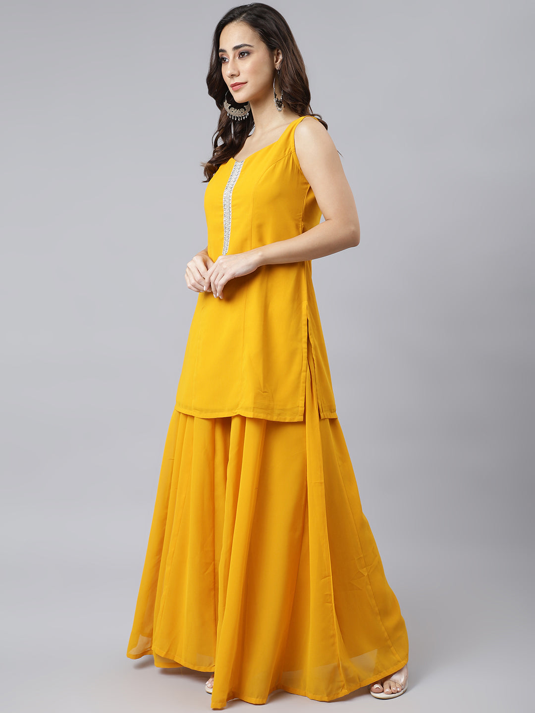 Janasya Women's Mustard Georgette Solid Kurta With Kali Palazzo And Dupatta | Swadesiicart
