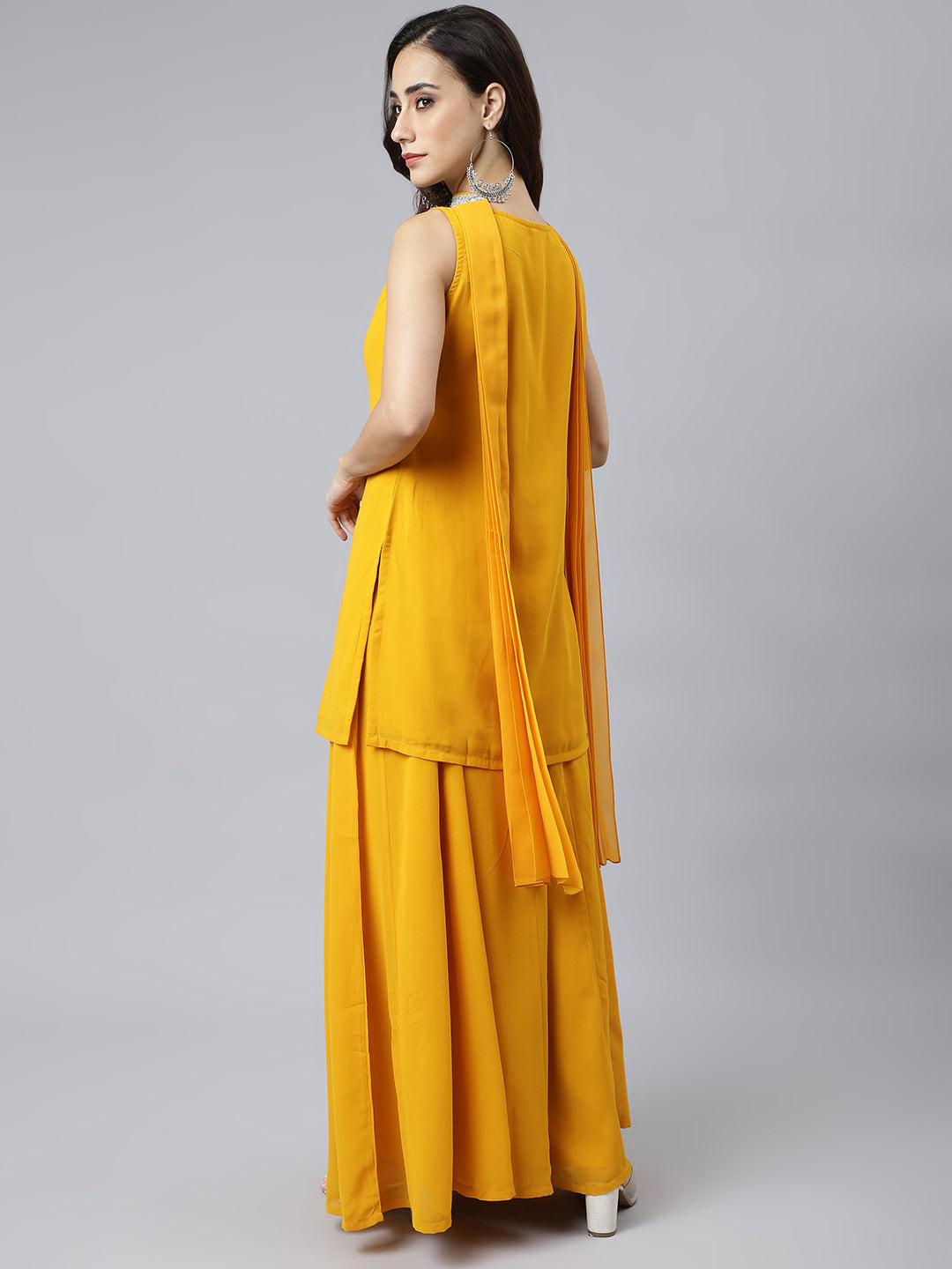 Janasya Women's Mustard Georgette Solid Kurta With Kali Palazzo And Dupatta | Swadesiicart