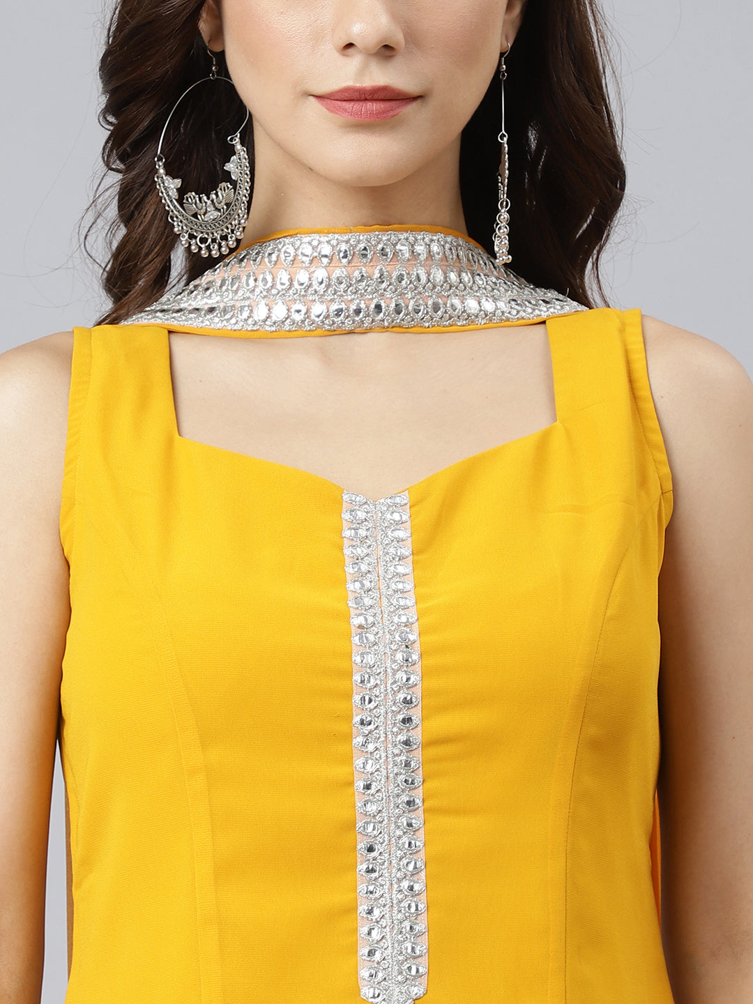 Janasya Women's Mustard Georgette Solid Kurta With Kali Palazzo And Dupatta | Swadesiicart