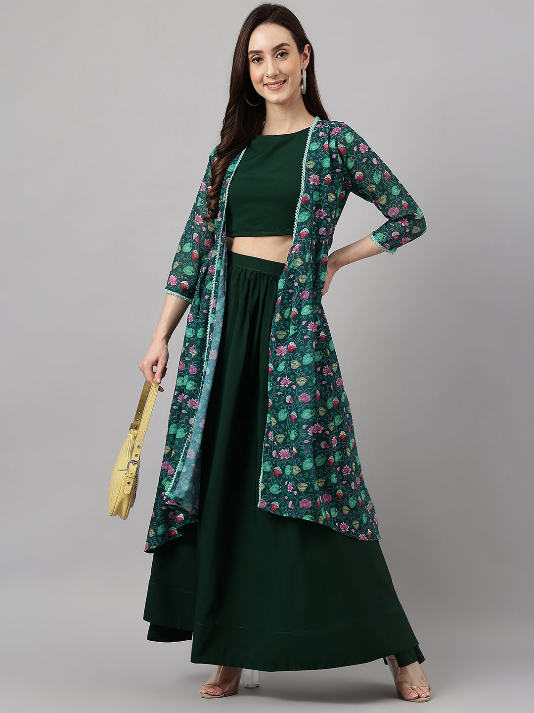Janasya Women's Green Crepe Solid Crop Top With Skirt And Jacket | Swadesiicart