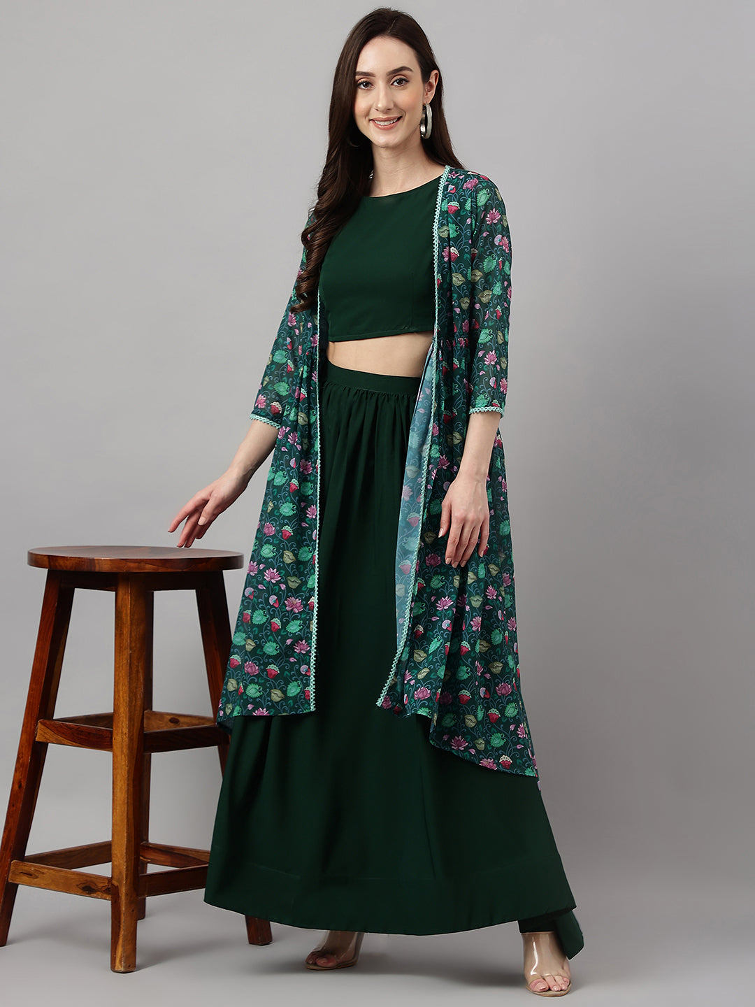 Janasya Women's Green Crepe Solid Crop Top With Skirt And Jacket | Swadesiicart