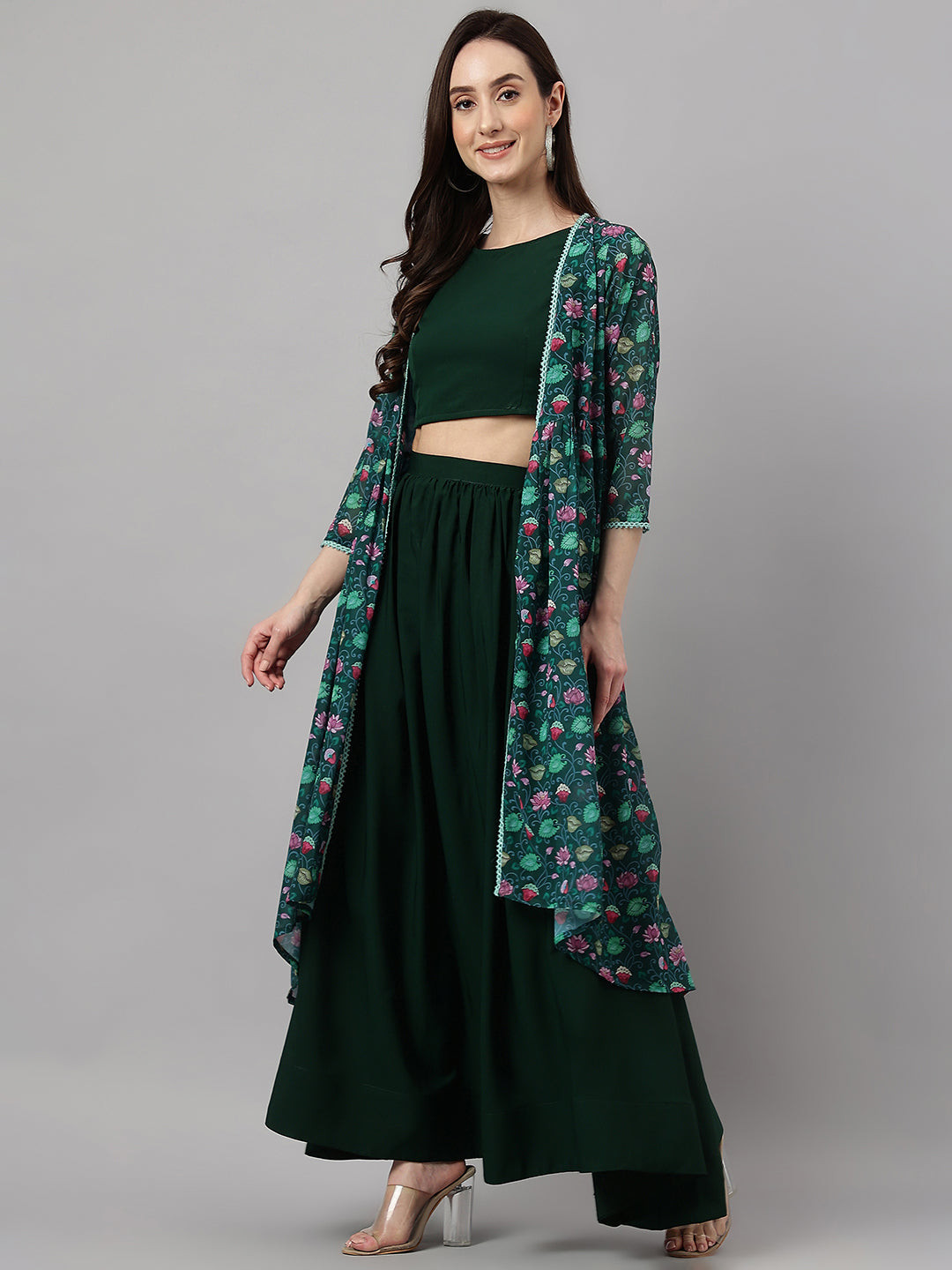 Janasya Women's Green Crepe Solid Crop Top With Skirt And Jacket | Swadesiicart