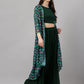 Janasya Women's Green Crepe Solid Crop Top With Skirt And Jacket | Swadesiicart