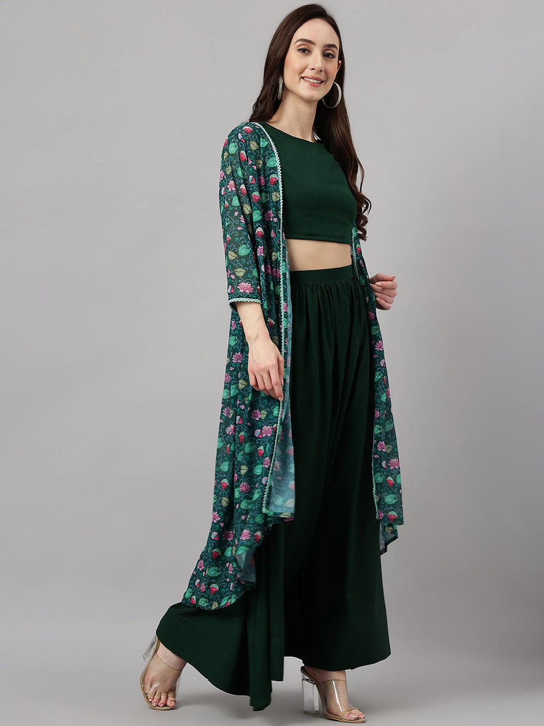 Janasya Women's Green Crepe Solid Crop Top With Skirt And Jacket | Swadesiicart