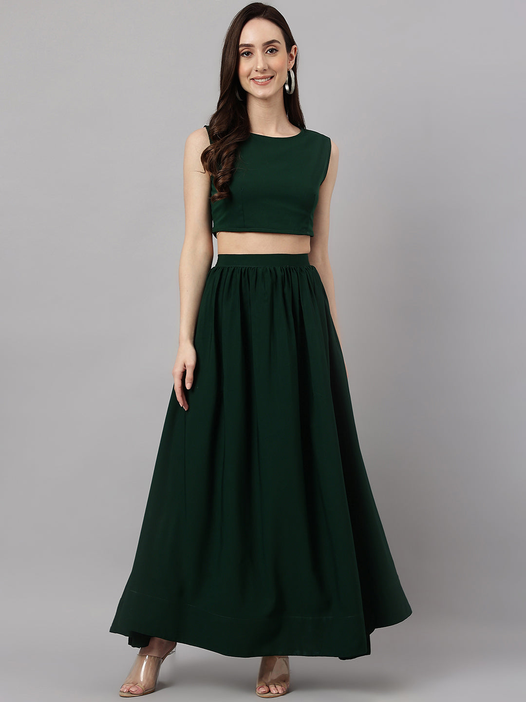 Janasya Women's Green Crepe Solid Crop Top With Skirt And Jacket | Swadesiicart