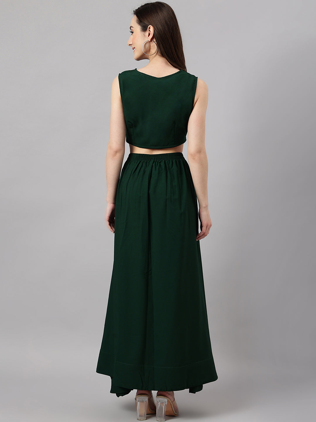 Janasya Women's Green Crepe Solid Crop Top With Skirt And Jacket | Swadesiicart
