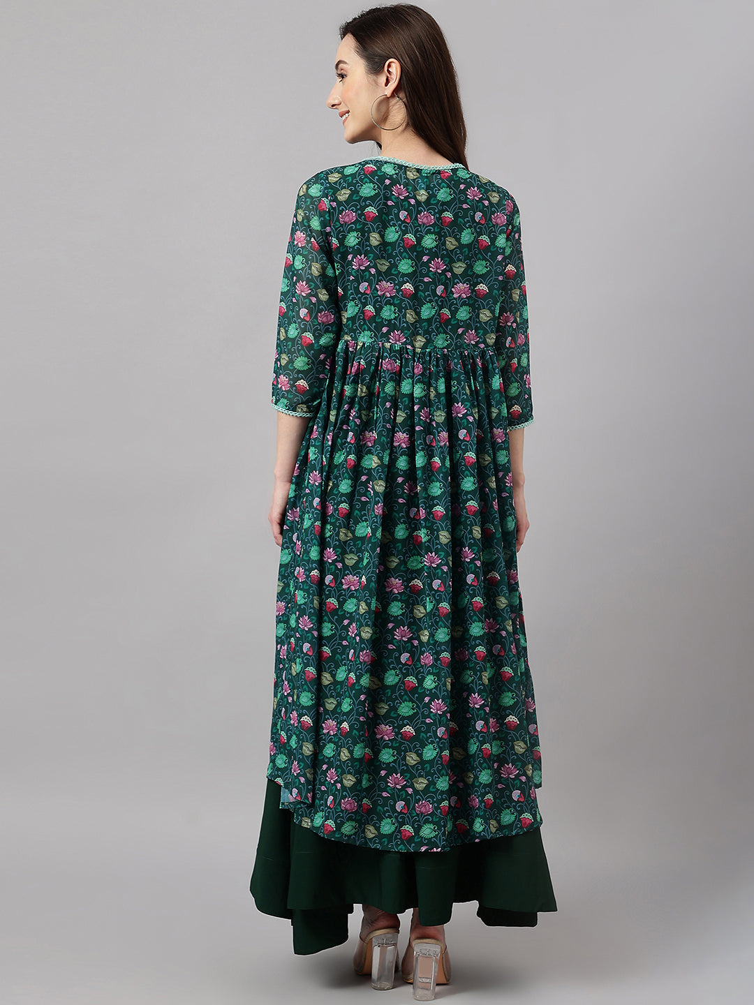 Janasya Women's Green Crepe Solid Crop Top With Skirt And Jacket | Swadesiicart