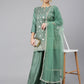 Janasya Women's Mint Green Chinon Foil Print Kurta With Flared Palazzo And Dupatta | Swadesiicart