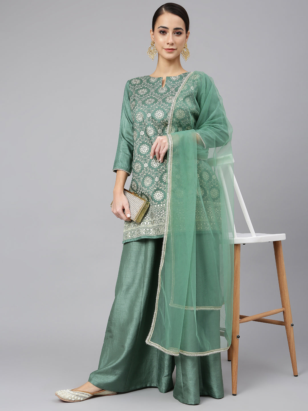 Janasya Women's Mint Green Chinon Foil Print Kurta With Flared Palazzo And Dupatta | Swadesiicart