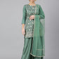 Janasya Women's Mint Green Chinon Foil Print Kurta With Flared Palazzo And Dupatta | Swadesiicart