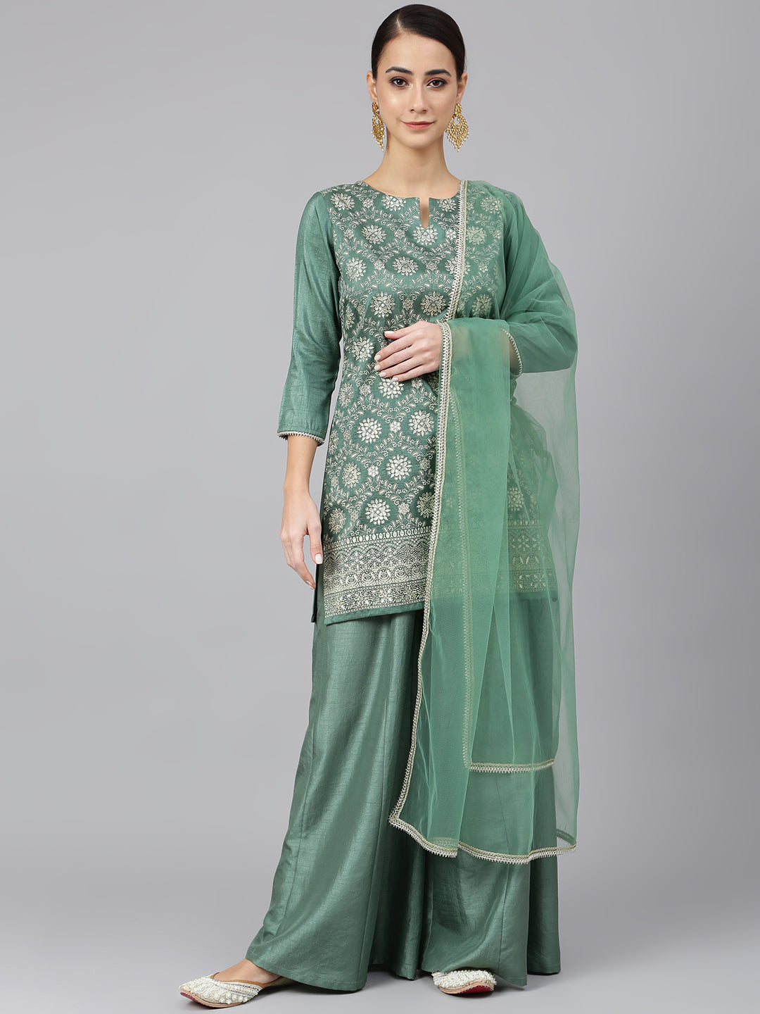 Janasya Women's Mint Green Chinon Foil Print Kurta With Flared Palazzo And Dupatta | Swadesiicart