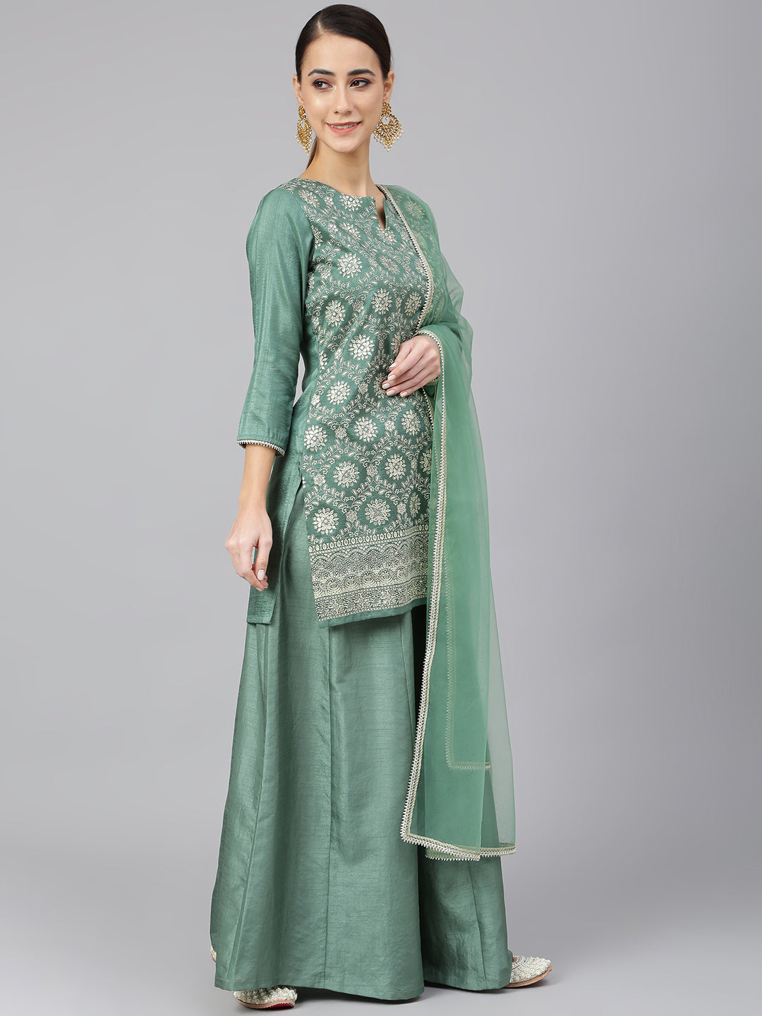 Janasya Women's Mint Green Chinon Foil Print Kurta With Flared Palazzo And Dupatta | Swadesiicart