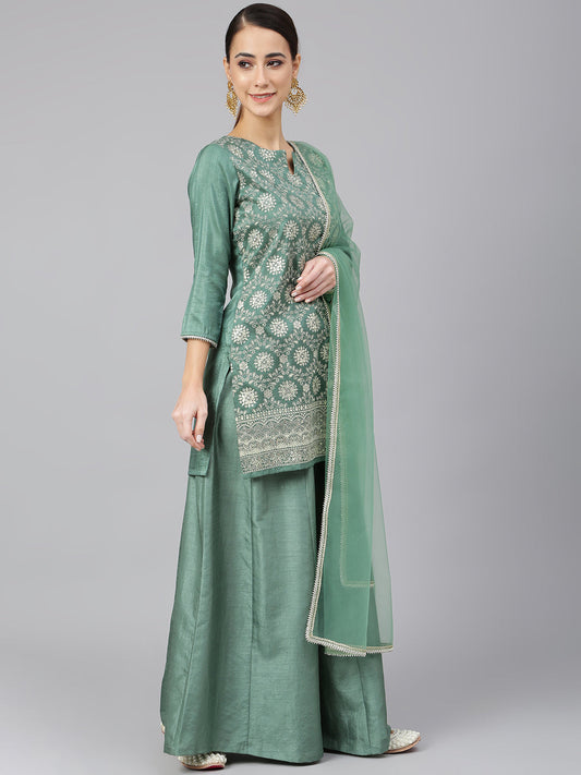 Janasya Women's Mint Green Chinon Foil Print Kurta With Flared Palazzo And Dupatta | Swadesiicart