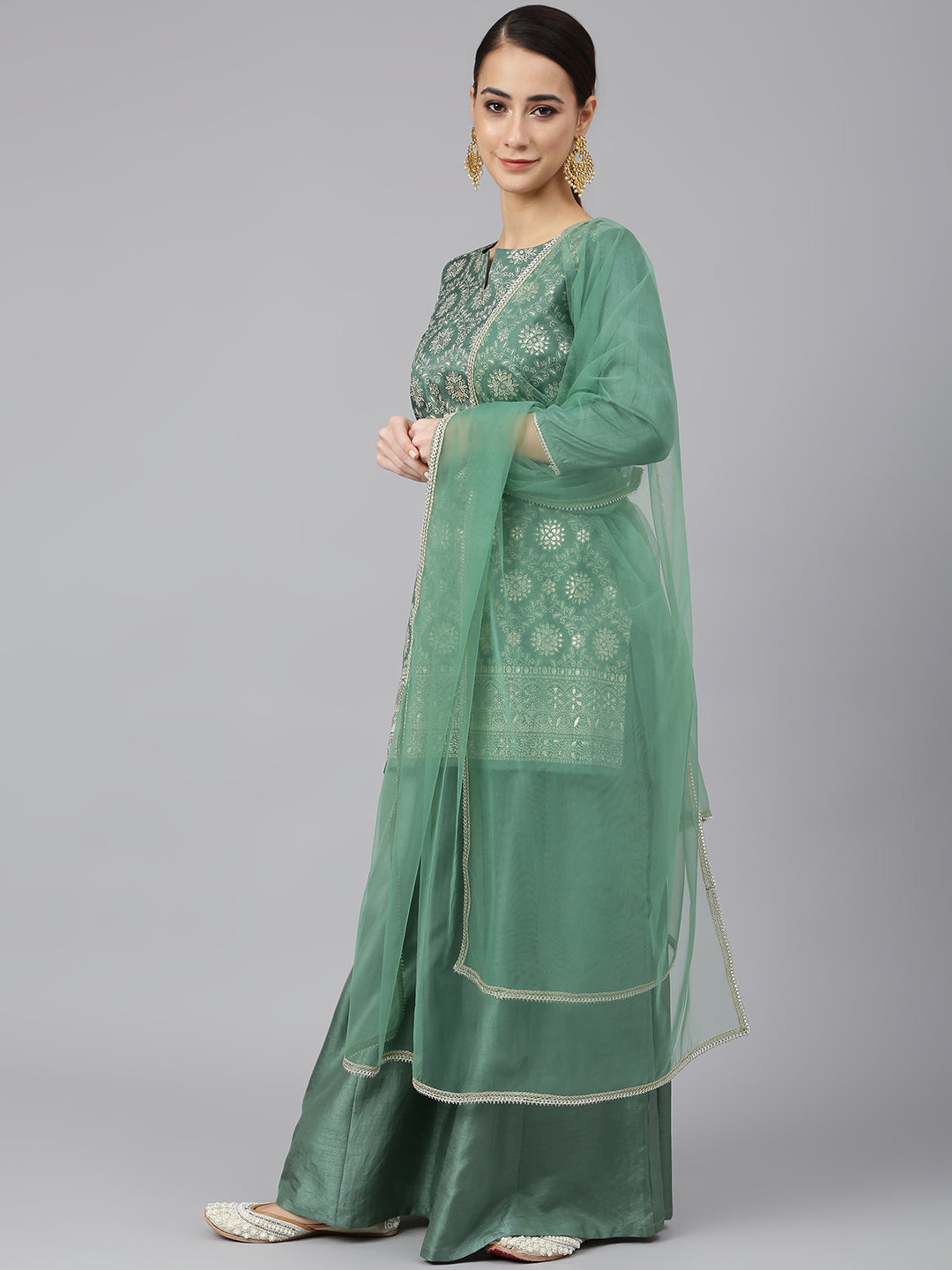 Janasya Women's Mint Green Chinon Foil Print Kurta With Flared Palazzo And Dupatta | Swadesiicart