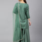 Janasya Women's Mint Green Chinon Foil Print Kurta With Flared Palazzo And Dupatta | Swadesiicart