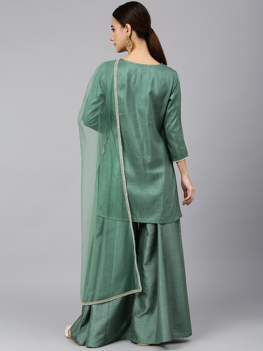 Janasya Women's Mint Green Chinon Foil Print Kurta With Flared Palazzo And Dupatta | Swadesiicart