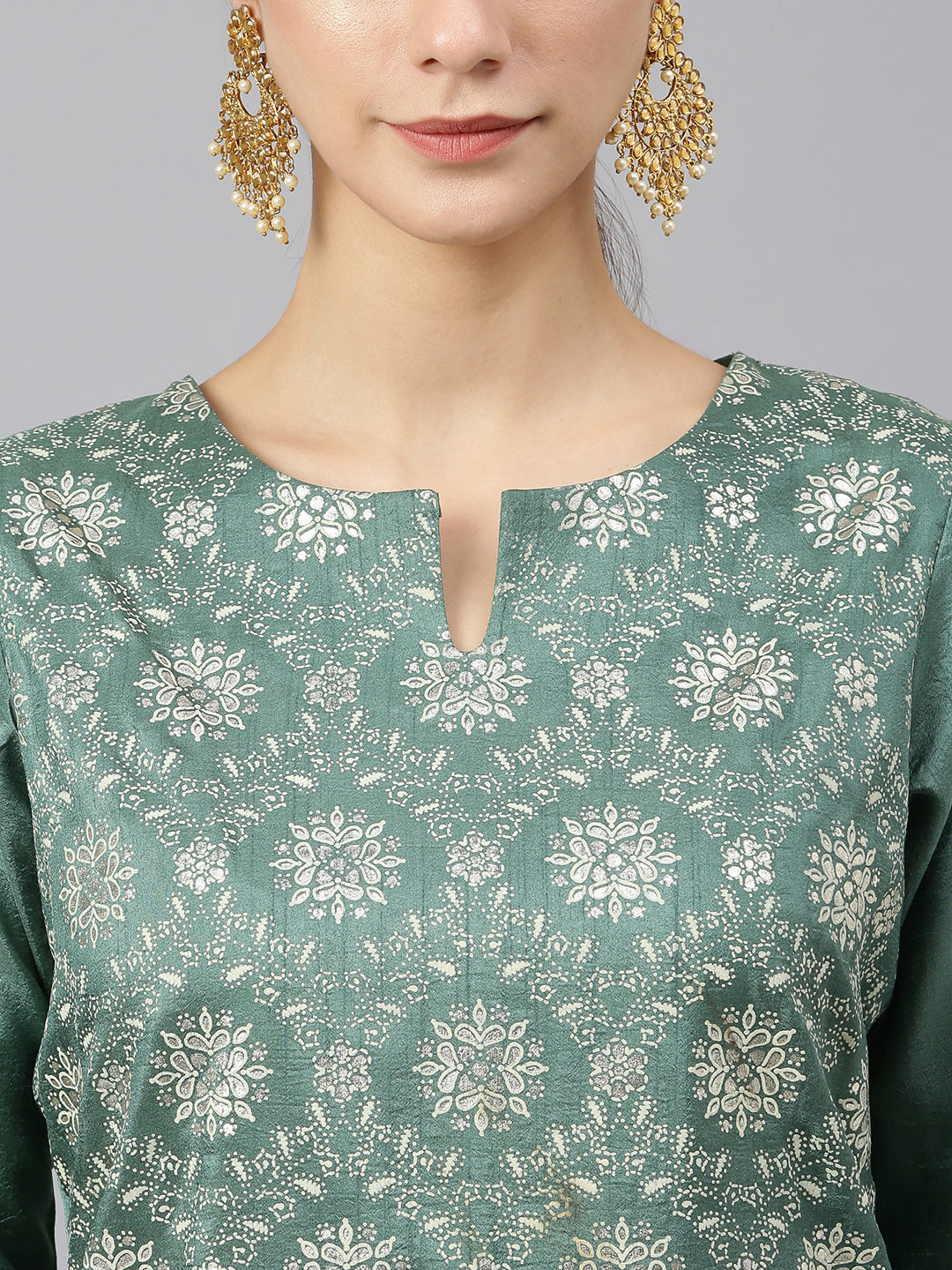 Janasya Women's Mint Green Chinon Foil Print Kurta With Flared Palazzo And Dupatta | Swadesiicart
