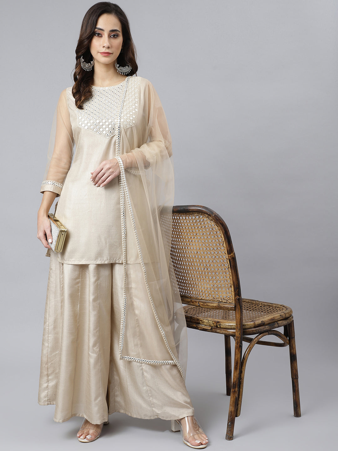 Janasya Women's Beige Chinon Embellished Kurta With Kali Palazzo And Dupatta | Swadesiicart
