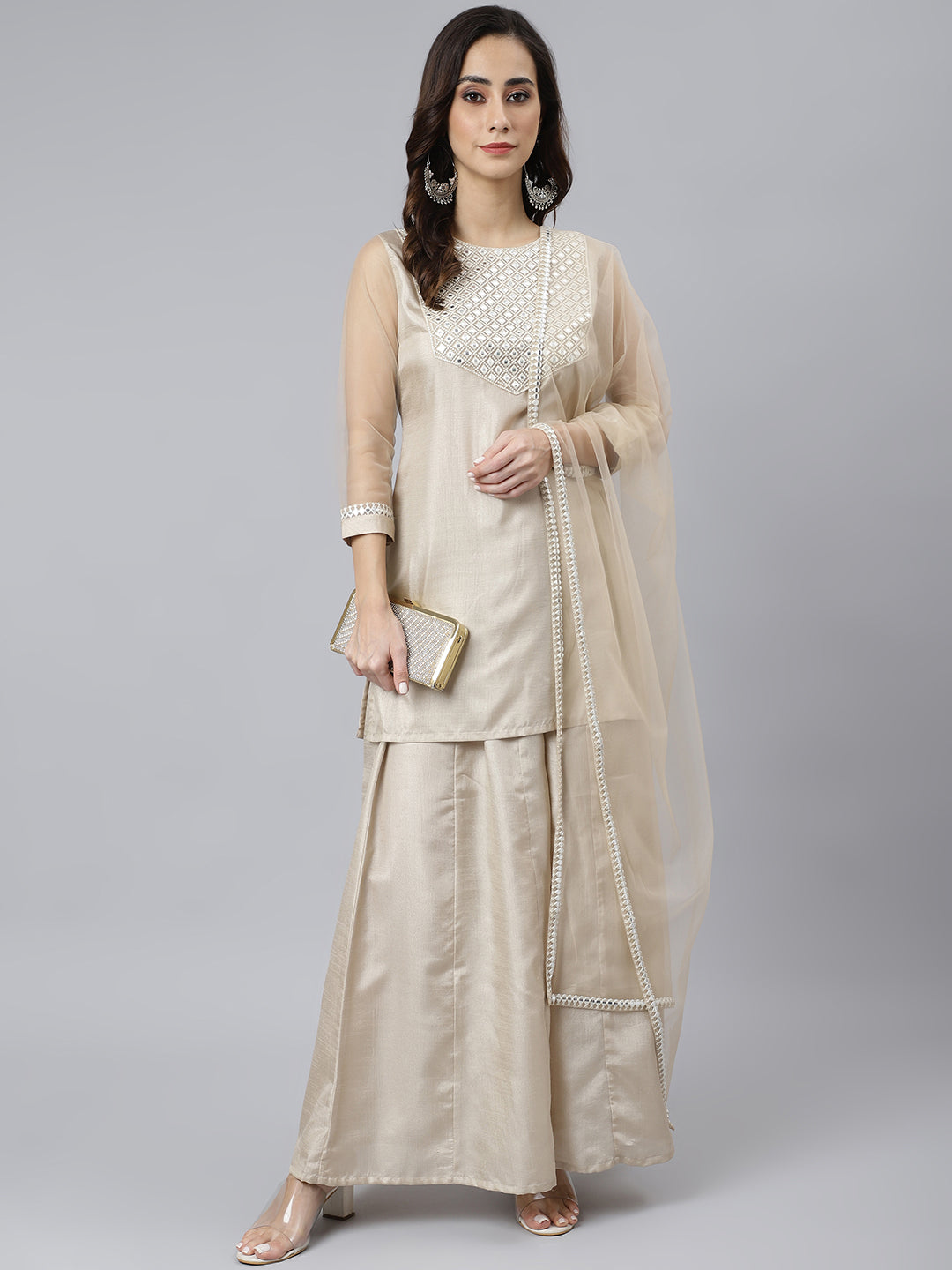 Janasya Women's Beige Chinon Embellished Kurta With Kali Palazzo And Dupatta | Swadesiicart