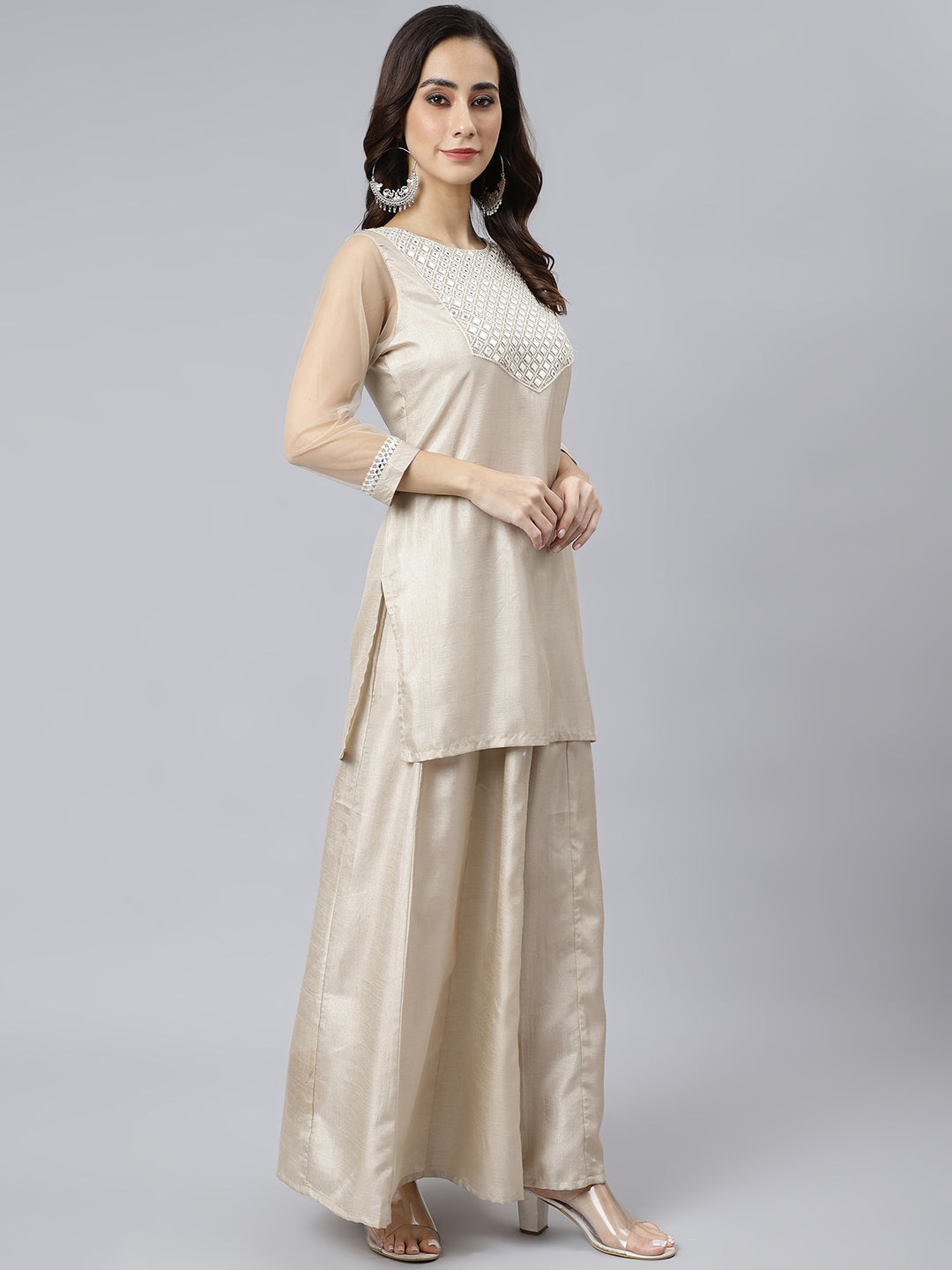 Janasya Women's Beige Chinon Embellished Kurta With Kali Palazzo And Dupatta | Swadesiicart