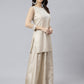 Janasya Women's Beige Chinon Embellished Kurta With Kali Palazzo And Dupatta | Swadesiicart