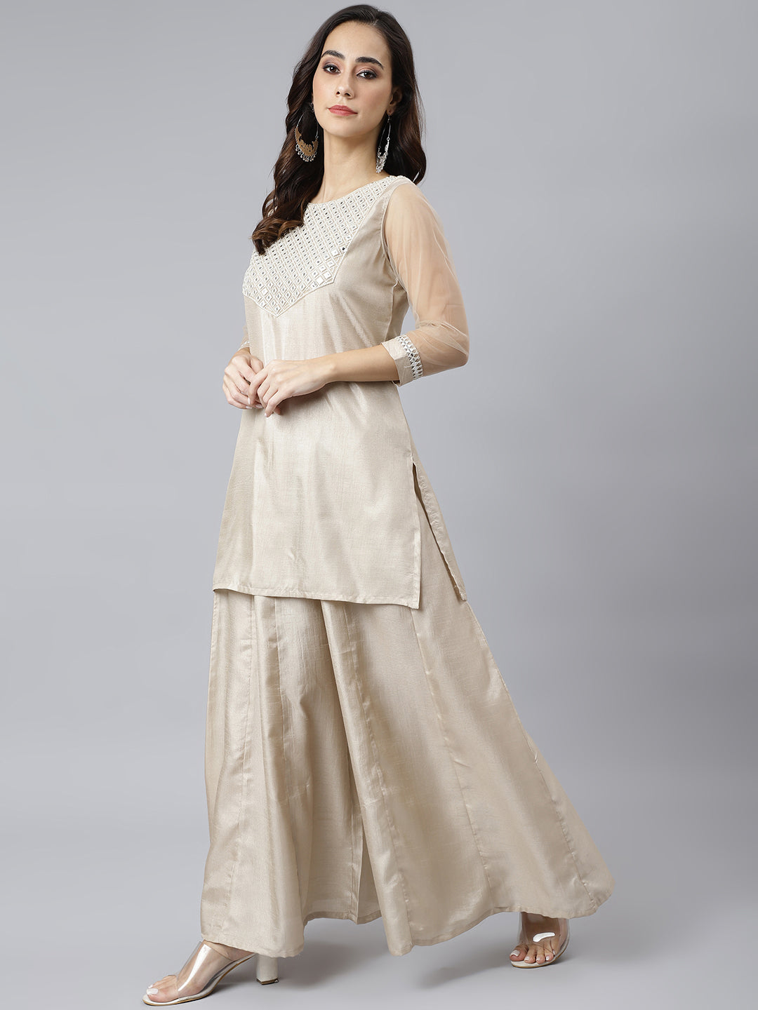 Janasya Women's Beige Chinon Embellished Kurta With Kali Palazzo And Dupatta | Swadesiicart