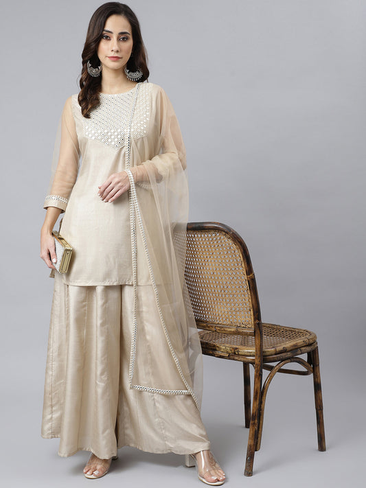 Janasya Women's Beige Chinon Embellished Kurta With Kali Palazzo And Dupatta | Swadesiicart