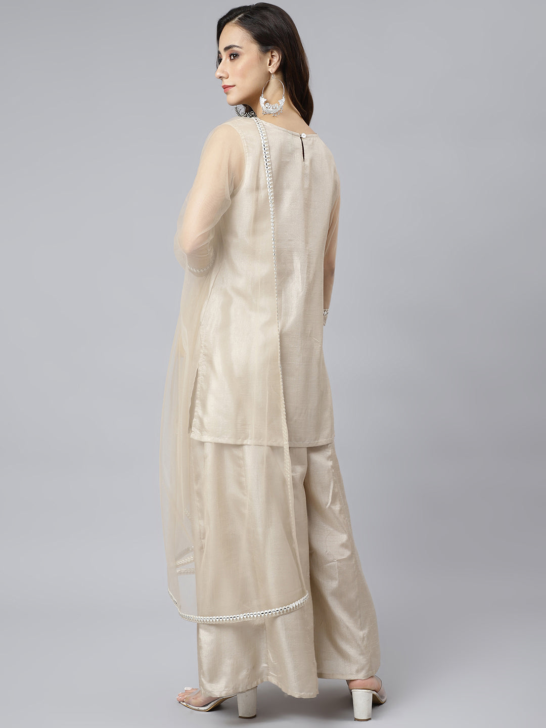 Janasya Women's Beige Chinon Embellished Kurta With Kali Palazzo And Dupatta | Swadesiicart