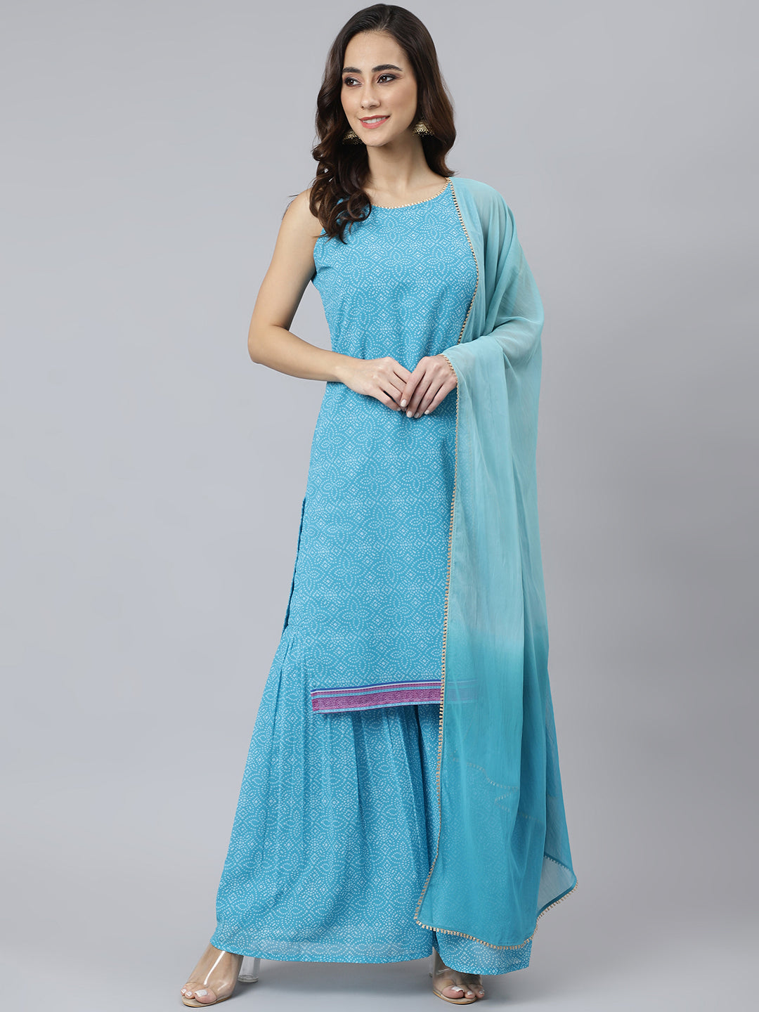 Janasya Women's Light Blue Georgette Bandhni Print Kurta With Sharara And Dupatta | Swadesiicart