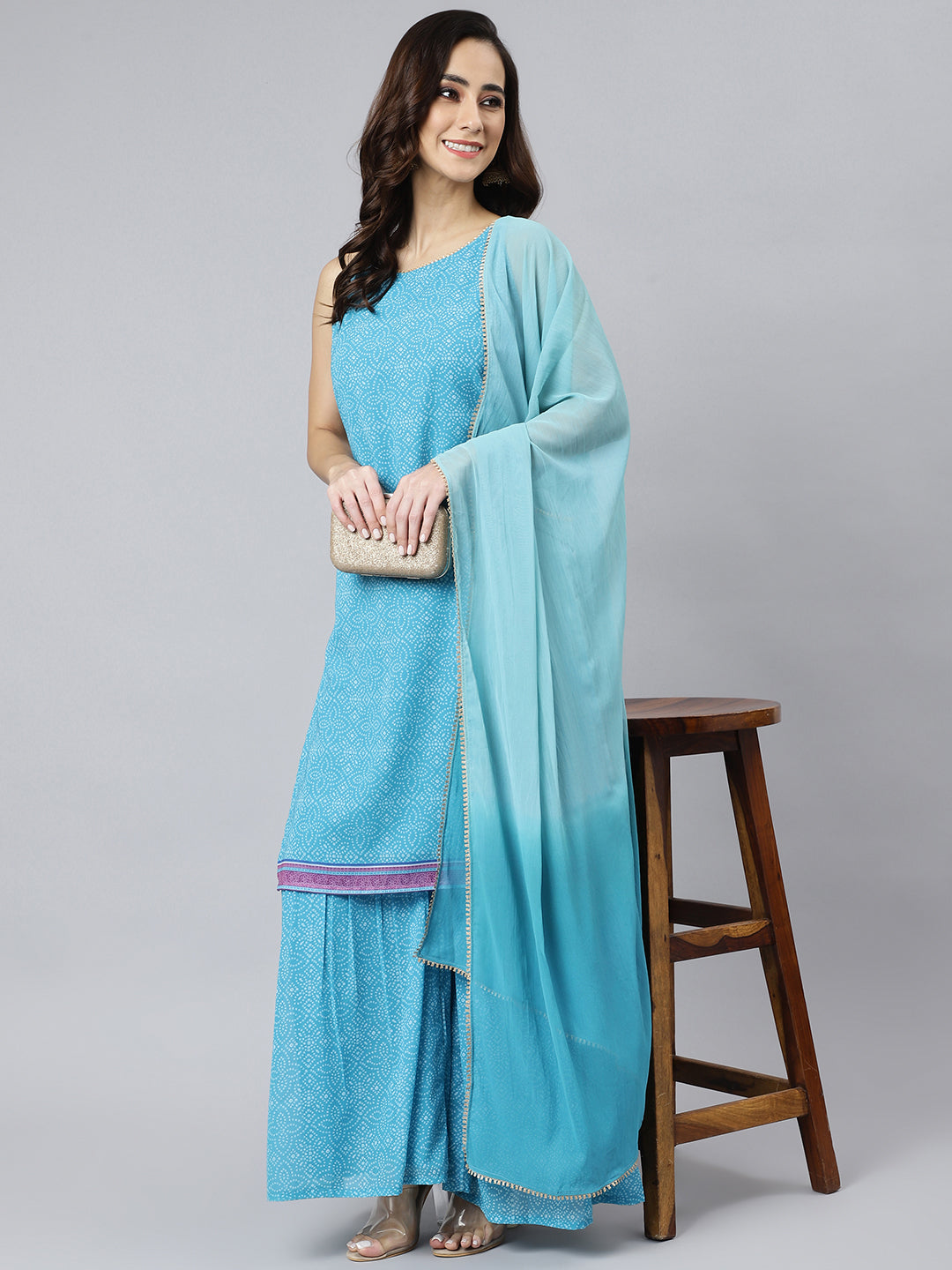 Janasya Women's Light Blue Georgette Bandhni Print Kurta With Sharara And Dupatta | Swadesiicart