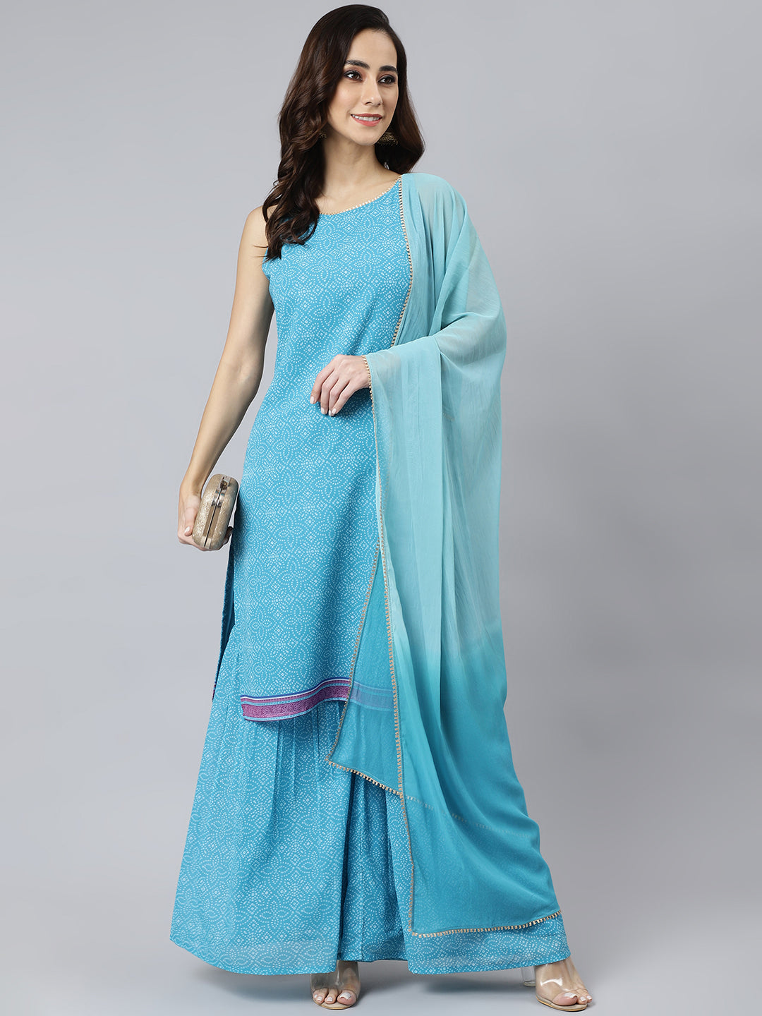 Janasya Women's Light Blue Georgette Bandhni Print Kurta With Sharara And Dupatta | Swadesiicart