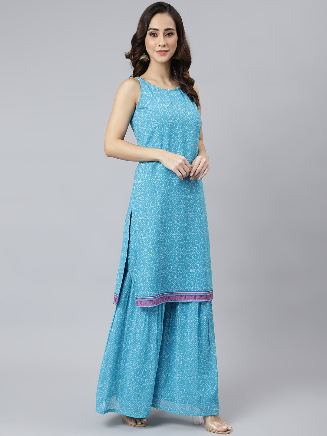 Janasya Women's Light Blue Georgette Bandhni Print Kurta With Sharara And Dupatta | Swadesiicart