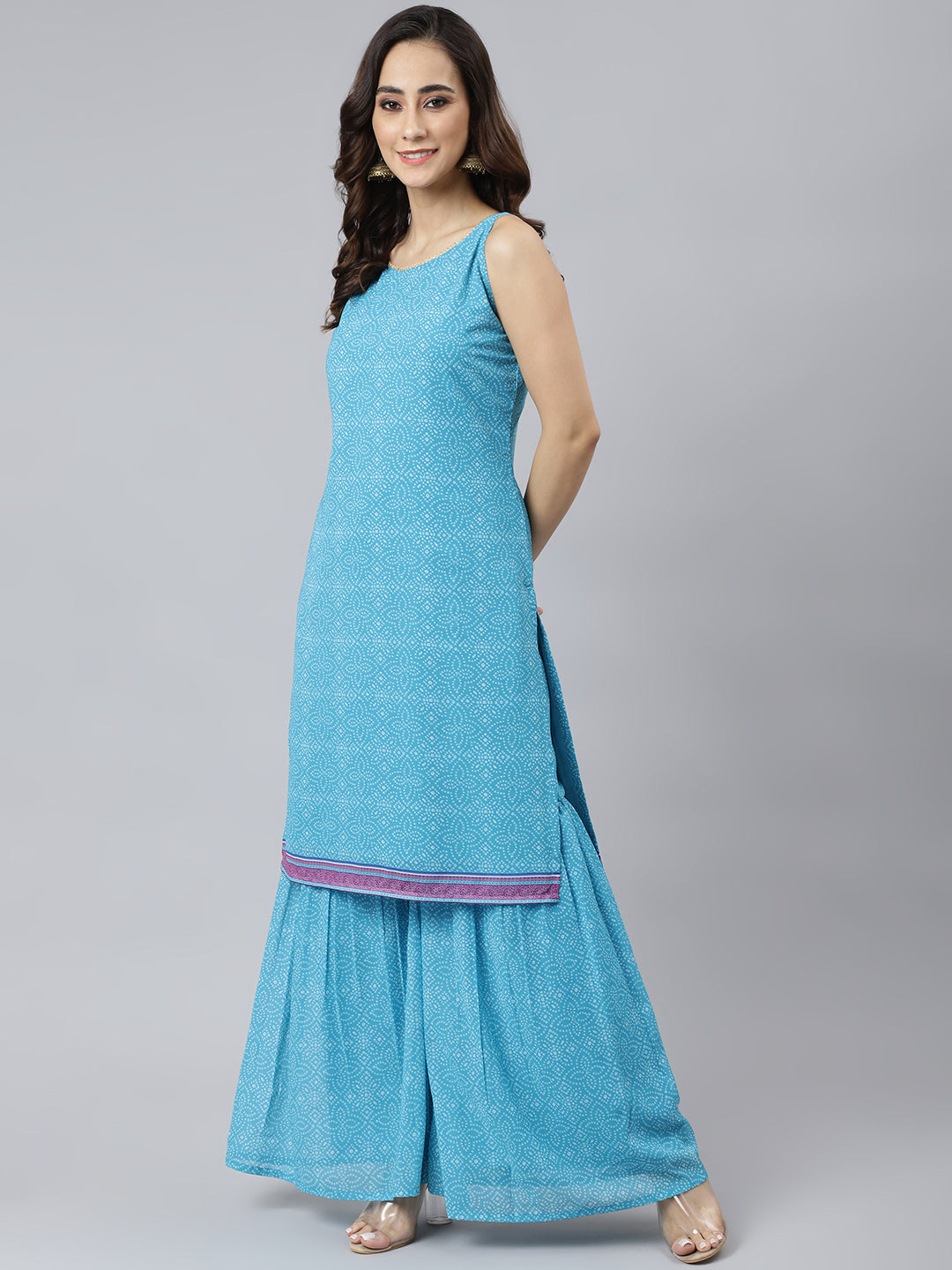 Janasya Women's Light Blue Georgette Bandhni Print Kurta With Sharara And Dupatta | Swadesiicart