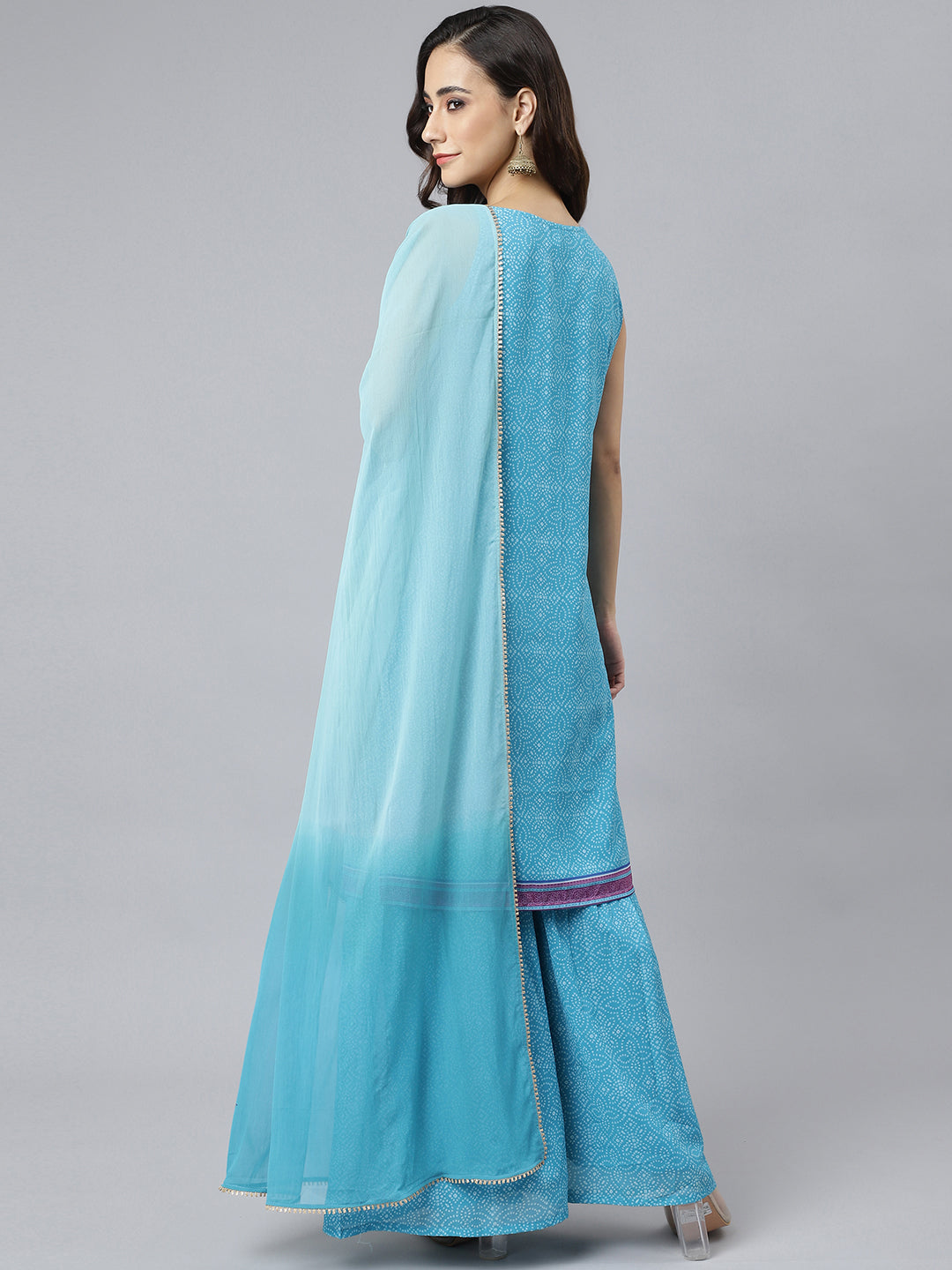 Janasya Women's Light Blue Georgette Bandhni Print Kurta With Sharara And Dupatta | Swadesiicart