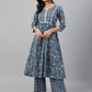 Janasya Women's Grey Cotton Floral Print Kurta With Palazzo | Swadesiicart