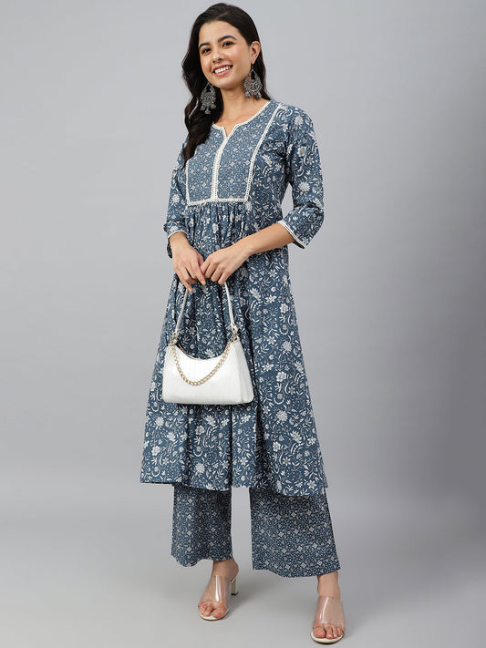 Janasya Women's Grey Cotton Floral Print Kurta With Palazzo | Swadesiicart