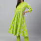 Janasya Women's Light Green Cotton Block Print Kurta With Pant | Swadesiicart