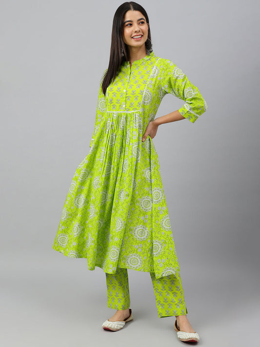 Janasya Women's Light Green Cotton Block Print Kurta With Pant | Swadesiicart