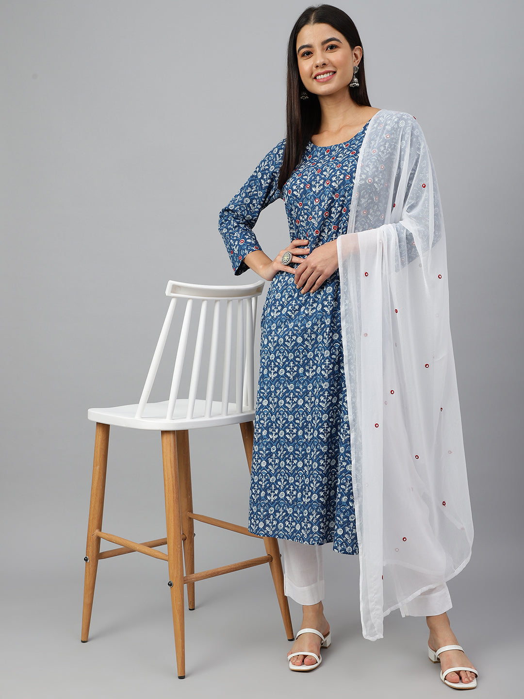 Janasya Women's Navy Blue Cotton Floral Print Kurta With Pant And Dupatta | Swadesiicart