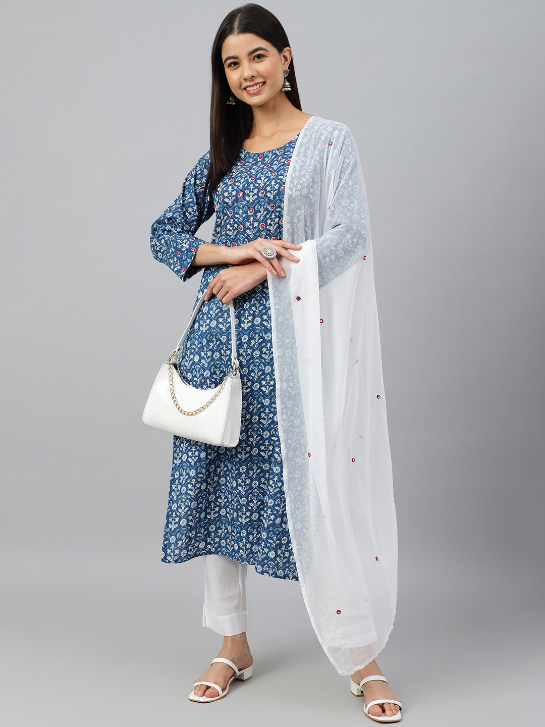 Janasya Women's Navy Blue Cotton Floral Print Kurta With Pant And Dupatta | Swadesiicart