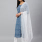 Janasya Women's Navy Blue Cotton Floral Print Kurta With Pant And Dupatta | Swadesiicart