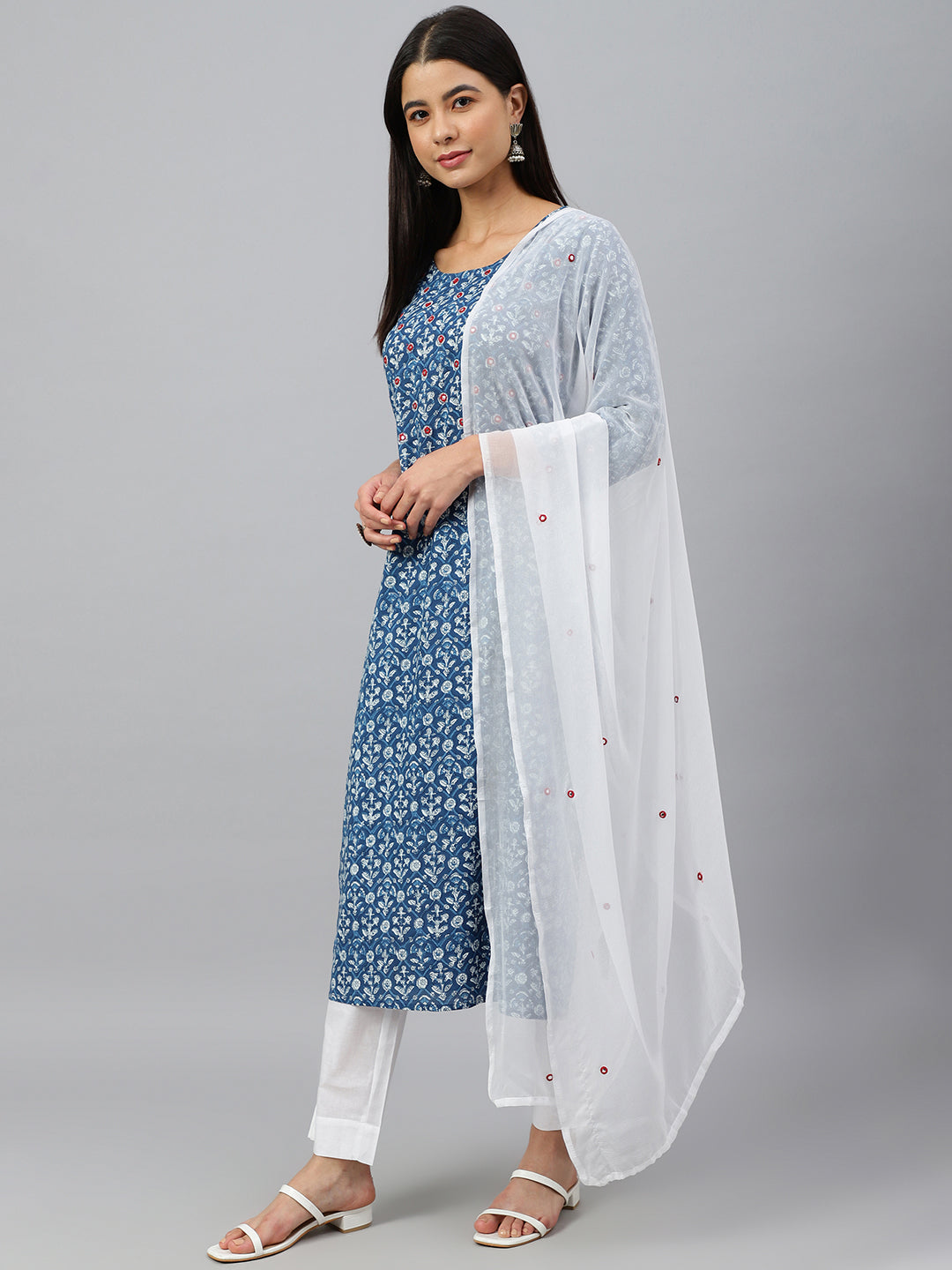 Janasya Women's Navy Blue Cotton Floral Print Kurta With Pant And Dupatta | Swadesiicart