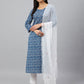 Janasya Women's Navy Blue Cotton Floral Print Kurta With Pant And Dupatta | Swadesiicart