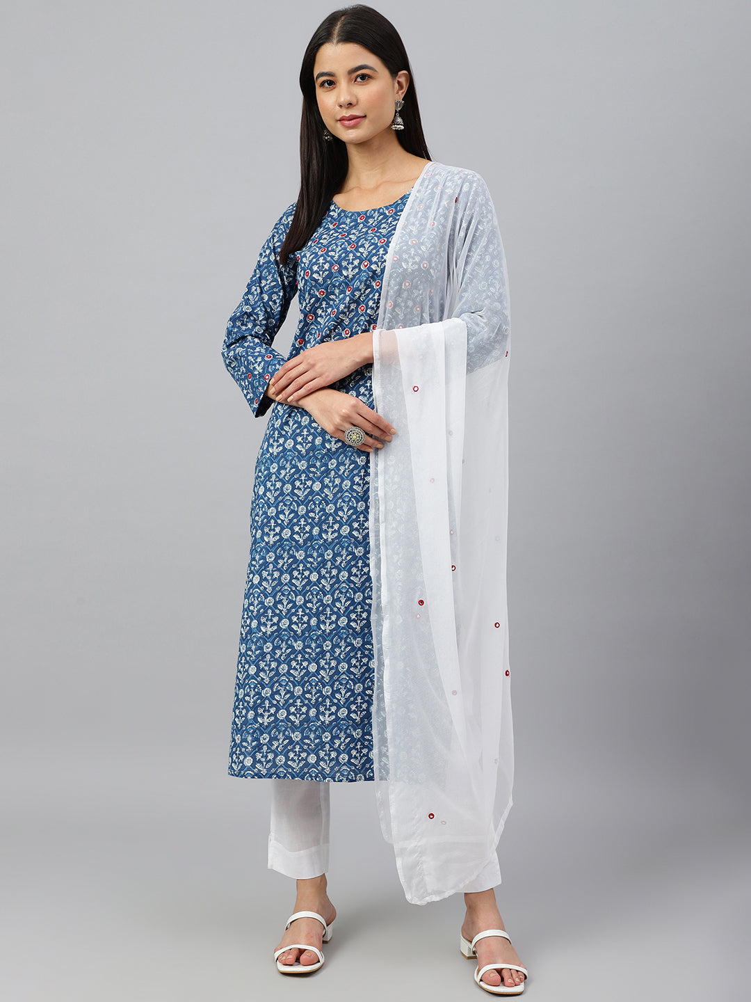Janasya Women's Navy Blue Cotton Floral Print Kurta With Pant And Dupatta | Swadesiicart
